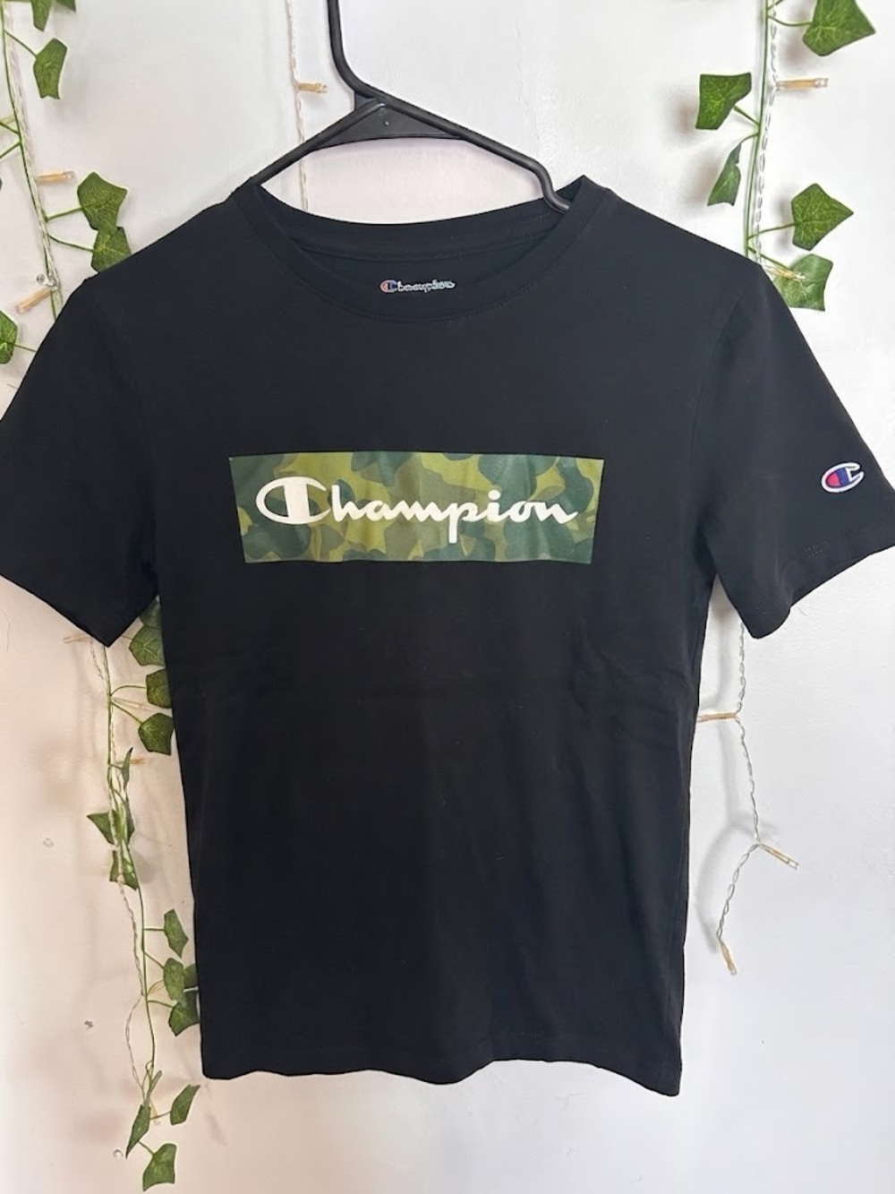 Champion Black Tee with Green Camo Logo
